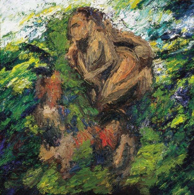 Painting. A loosely painted scene is thick with visible brushstrokes. A field of brown at the centre could be a person or two (or more) people against a background of vivid green with touches of lapis blue and some strokes of white.