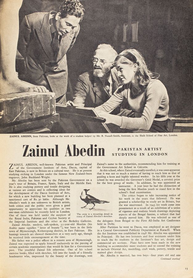 Magazine page. A black and white photograph above shows a bearded, white-haired, bespectacled man sitting next to a young woman who sketches, looking up at a sculpture. A third person bends over to look at her work. The first page of the article is below.