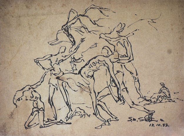 Drawing. Loosely drawn, four people struggle or assist each other, perhaps descending a hillside.