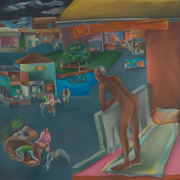 Painting. A nude, brown-skinned, grey-haired man stands facing away from us, looking over a balcony onto the streets of a town below. A pair of people and a grey donkey appear three times throughout the scene.